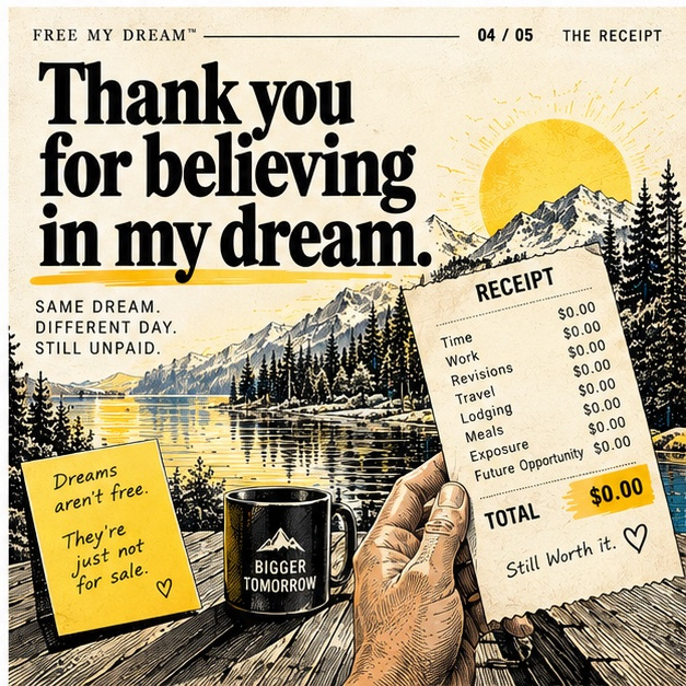 The Receipt: Free My Dream satirical illustrated story scene